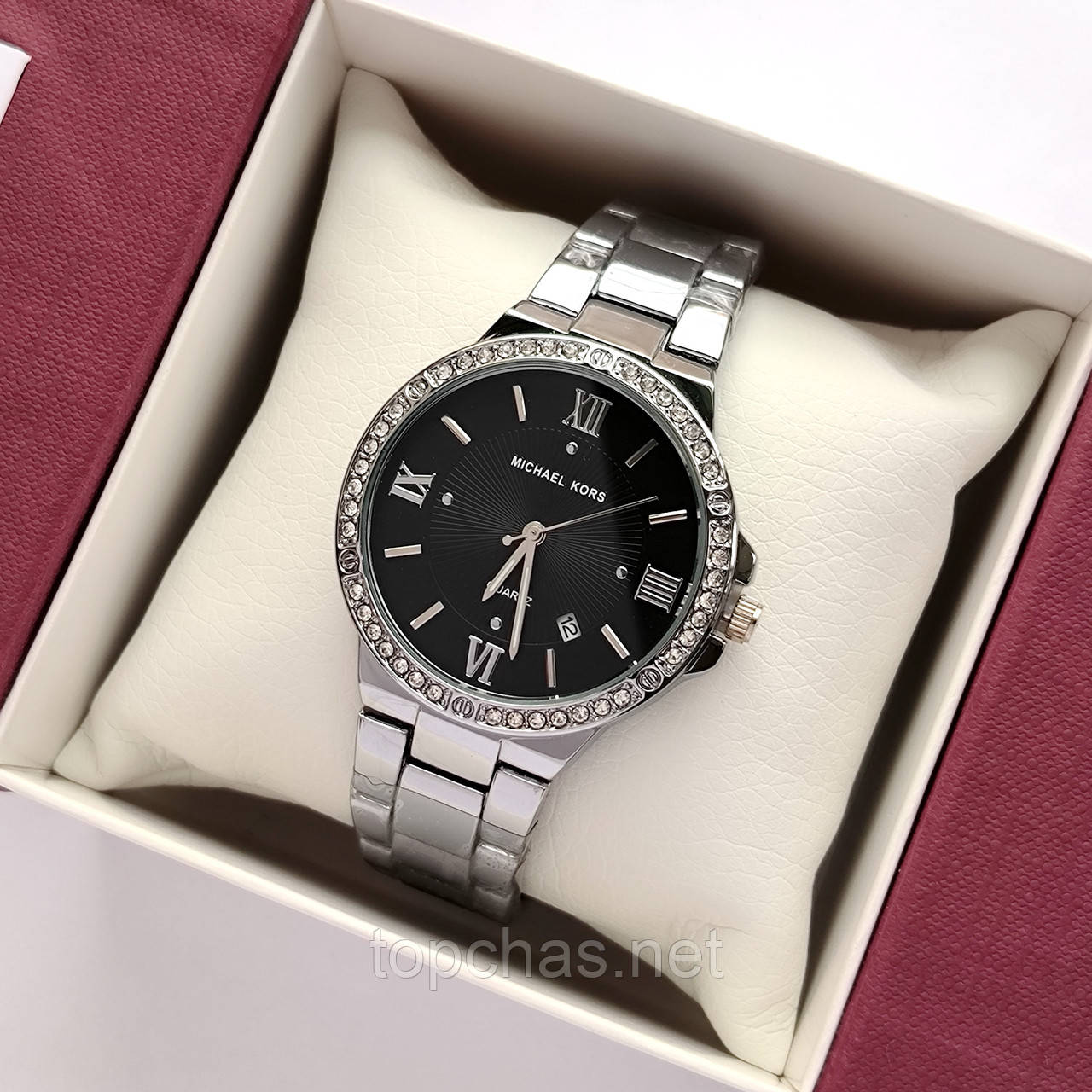 Жіночий наручний годинник Michael Kors (майкл корс) сріблястий з чорним циферблатом, римські цифри - код 2517b