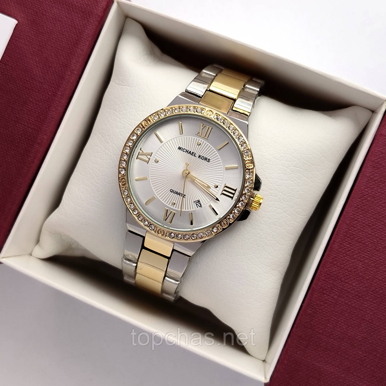 Жіночий наручний годинник Michael Kors (майкл корс) комбінований зі світлим циферблатом, римські цифри - код 2519b