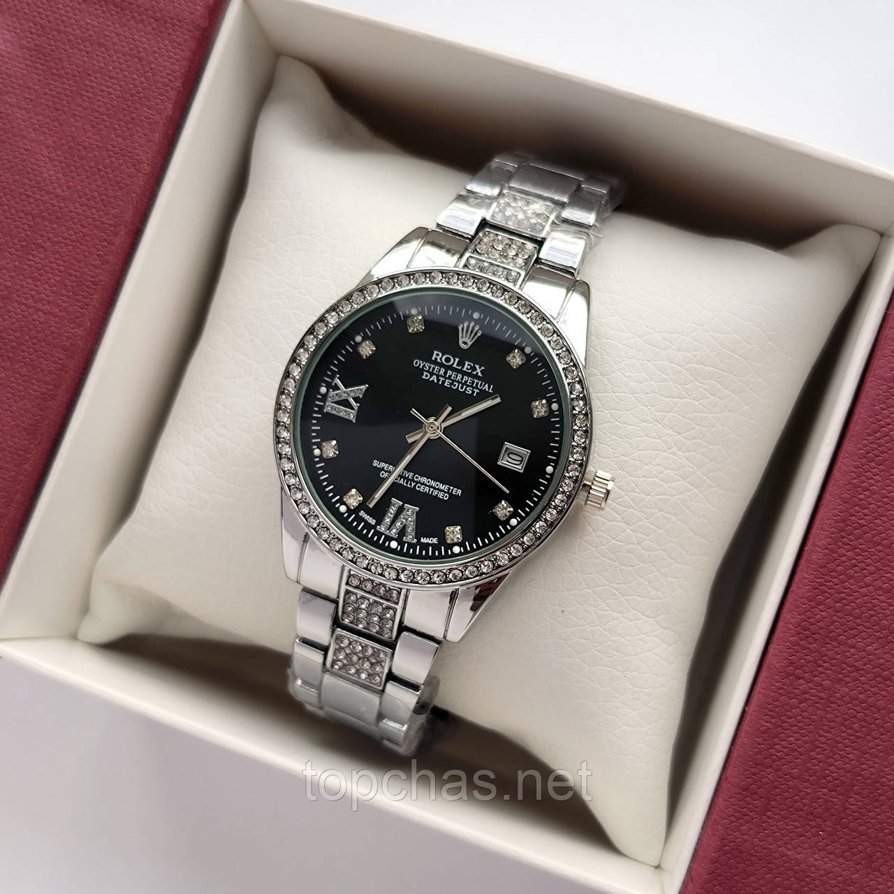 Металевий жіночий наручний годинник Rolex (ролекс) сріблястий з чорним, камінчики навколо, дата - код 2524b