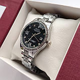Металевий жіночий наручний годинник Rolex (ролекс) сріблястий з чорним, камінчики навколо, дата - код 2524b, фото 4