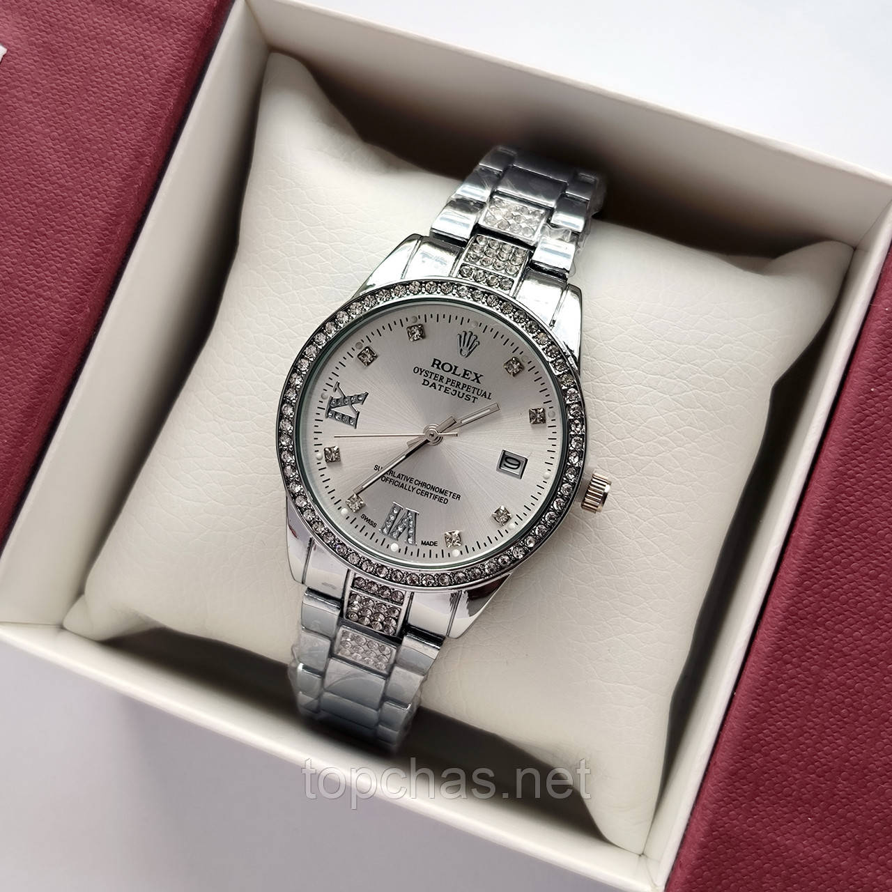 Металевий жіночий наручний годинник Rolex (ролекс) сріблястого кольору, камінчики навколо, дата - код 2525b