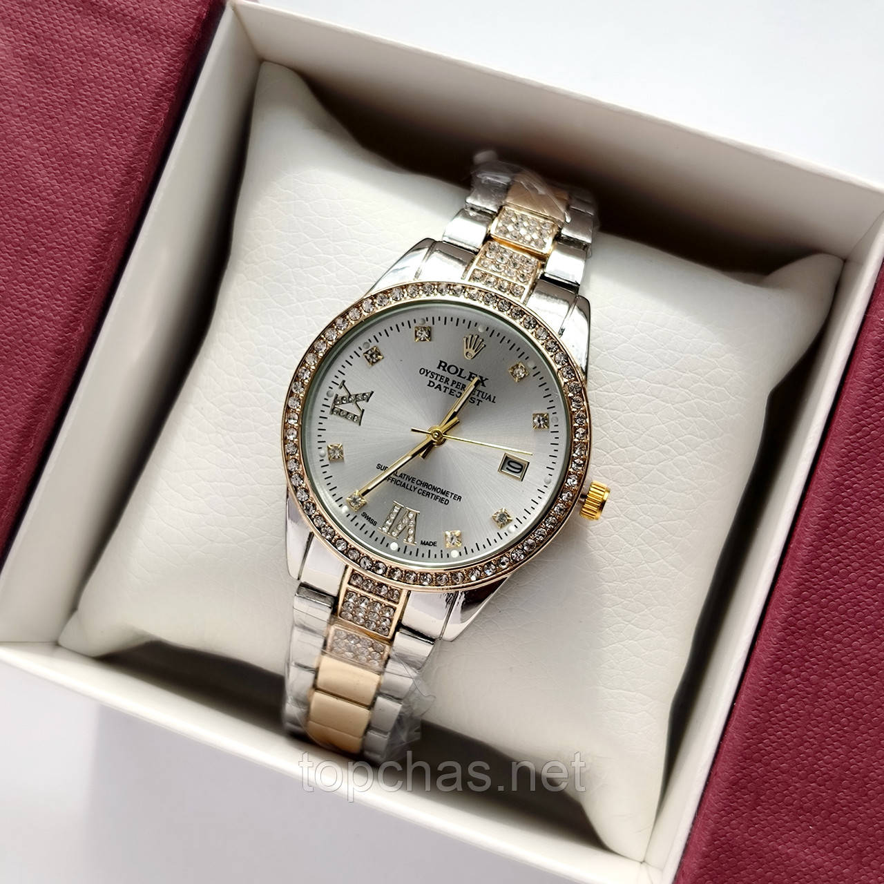 Металевий жіночий наручний годинник Rolex (ролекс) комбіновані, камінчики навколо, дата - код 2526b