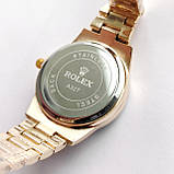 Металевий жіночий наручний годинник Rolex (ролекс) золотистий з чорним, камінчики навколо, дата - код 2532b, фото 6