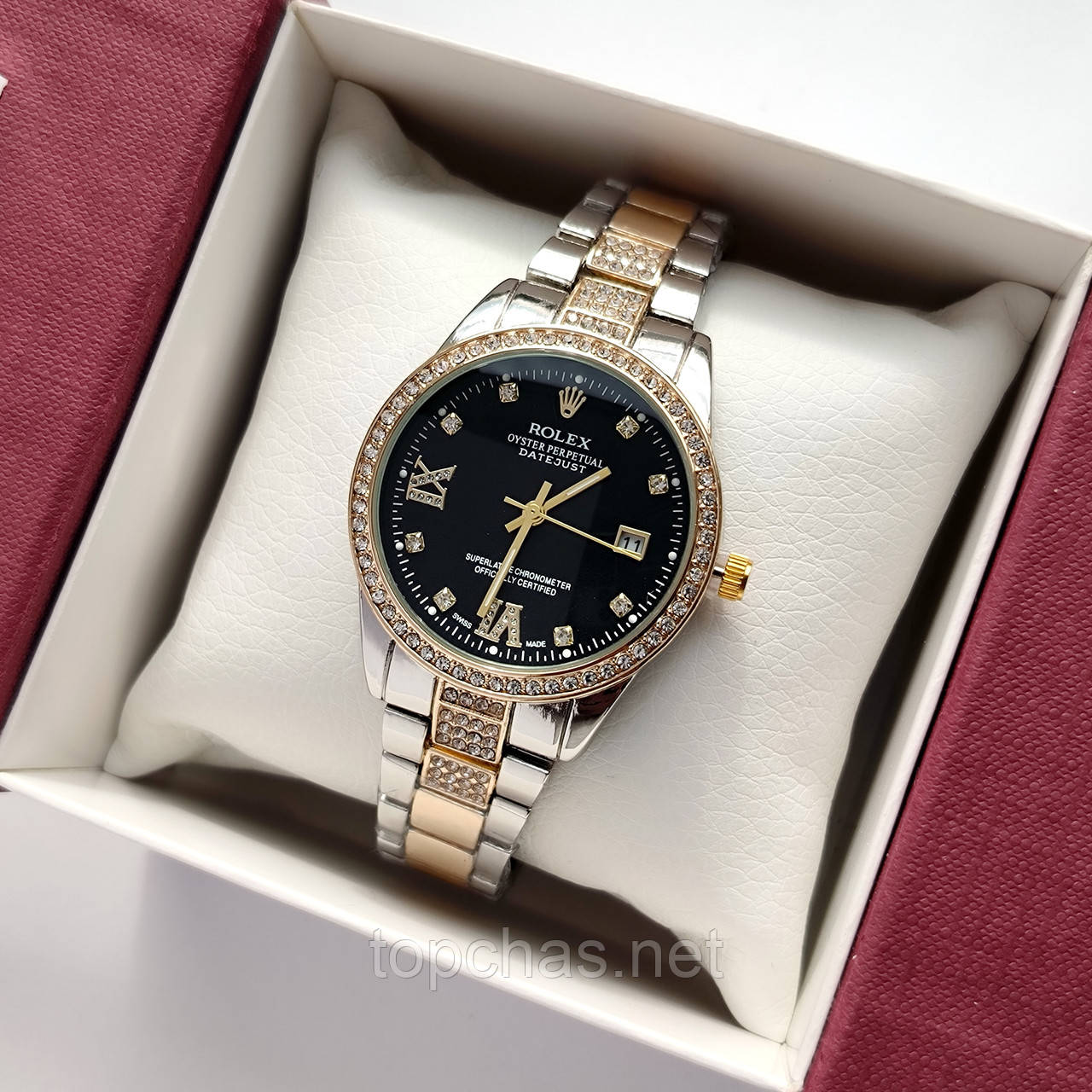 Металевий жіночий наручний годинник Rolex (ролекс) комбіновані з чорним, камінчики навколо, дата - код 2527b