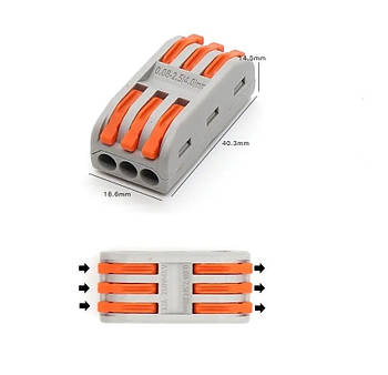 Клема прохідна CH-813 самозатискна швидкого монтажу 3pin-3pin (мідні контакти)