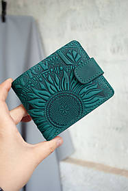 Гаманець жіночий шкіряний маленький темно-бірюзовий з тисненням Соняхи