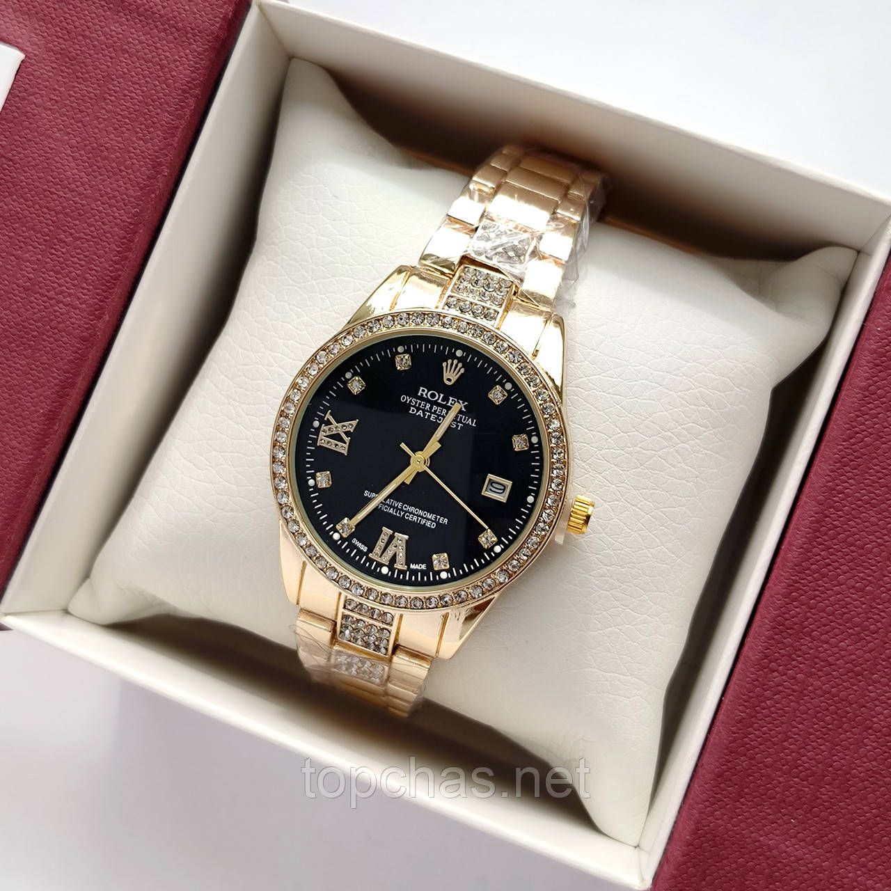 Металевий жіночий наручний годинник Rolex (ролекс) золотистий з чорним, камінчики навколо, дата - код 2528b