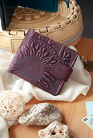 Гаманець жіночий шкіряний маленький бордовий марсала з тисненням Соняхи