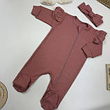 Комплект для новонародженої дівчинки : чоловічок з рюшами на блискавці + пов’язка на голову, фото 4