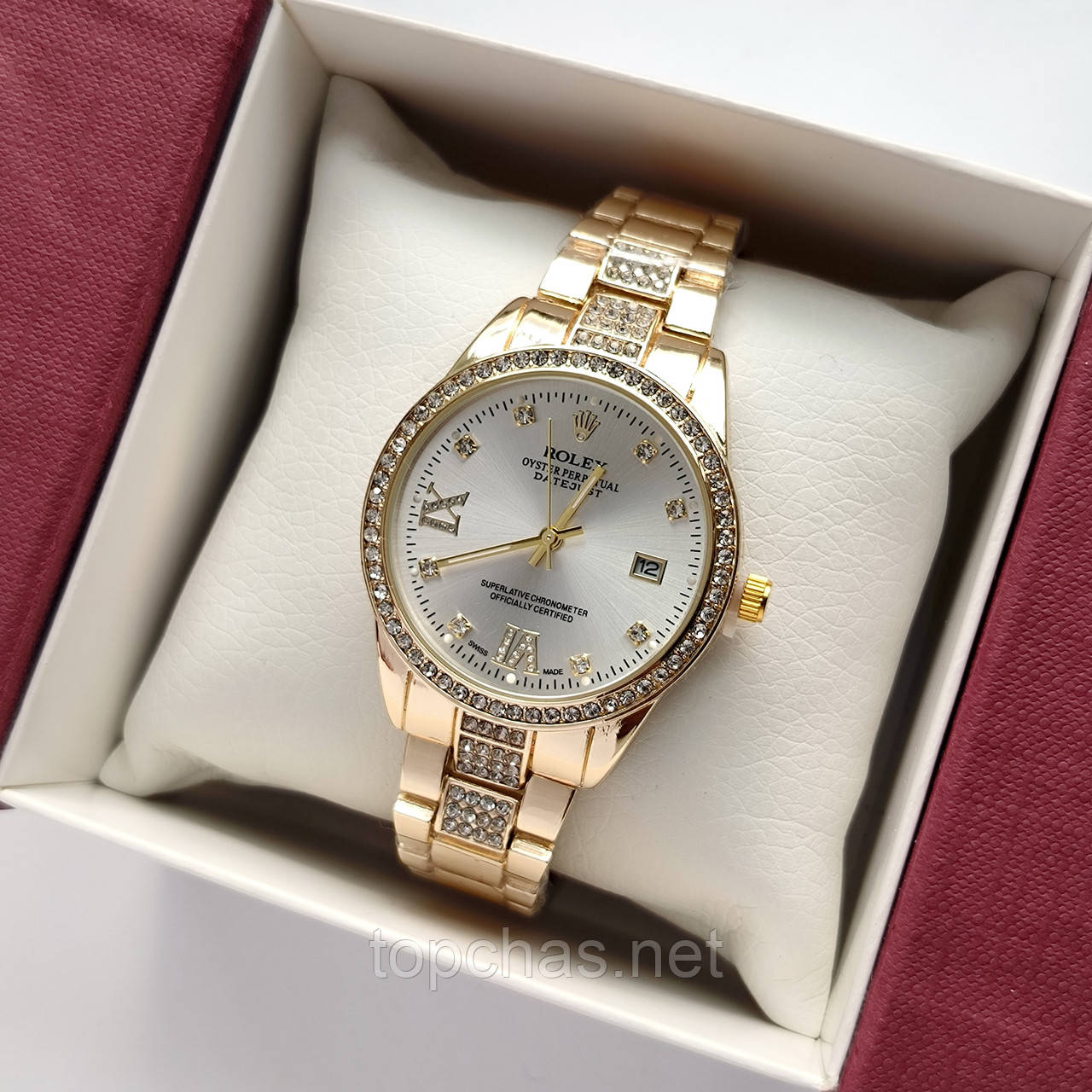 Металевий жіночий наручний годинник Rolex (ролекс) золотистий з світлим, камінчики навколо, дата - код 2529b