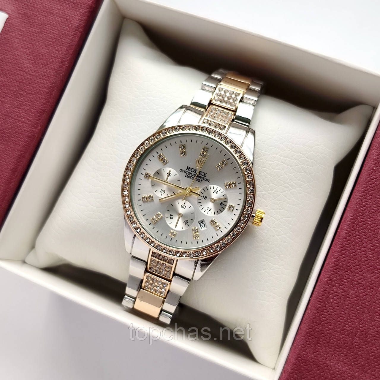 Металевий жіночий наручний годинник Rolex (ролекс) срібло-золото, камінчики навколо, дата - код 2530b