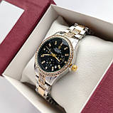 Металевий жіночий наручний годинник Rolex (ролекс) срібло-золото з чорним, камінчики навколо, дата - код 2531b, фото 4
