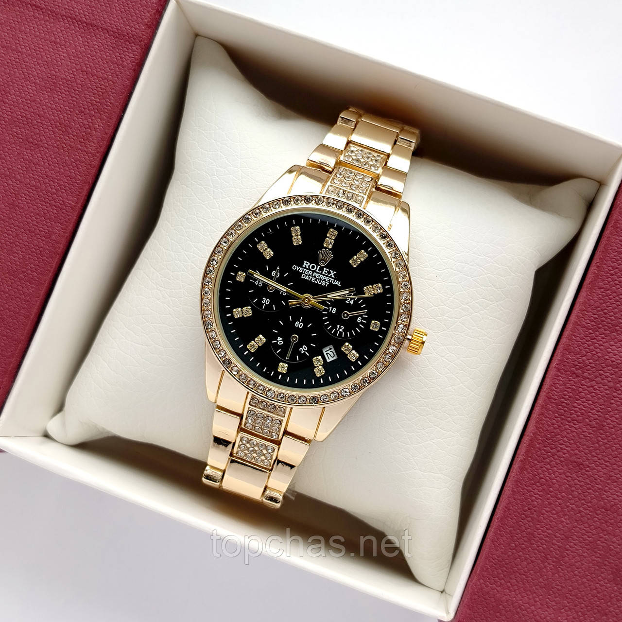 Металевий жіночий наручний годинник Rolex (ролекс) золотистий з чорним, камінчики навколо, дата - код 2532b