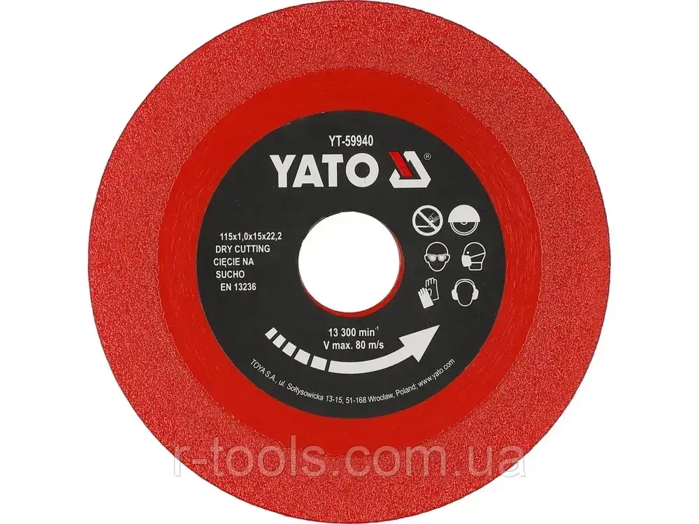 Диск відрізний алмазний по грісу, склу, кераміці Ø 51 5/22.2х15 мм у сухому режимі Yato YT-59940