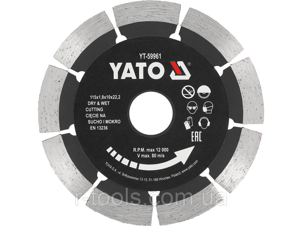 Диск відрізний алмазний для каменю та бетону для мокрого та сухого різання 115 x 1.8 x 10 x 22.2 мм Yato YT-59961