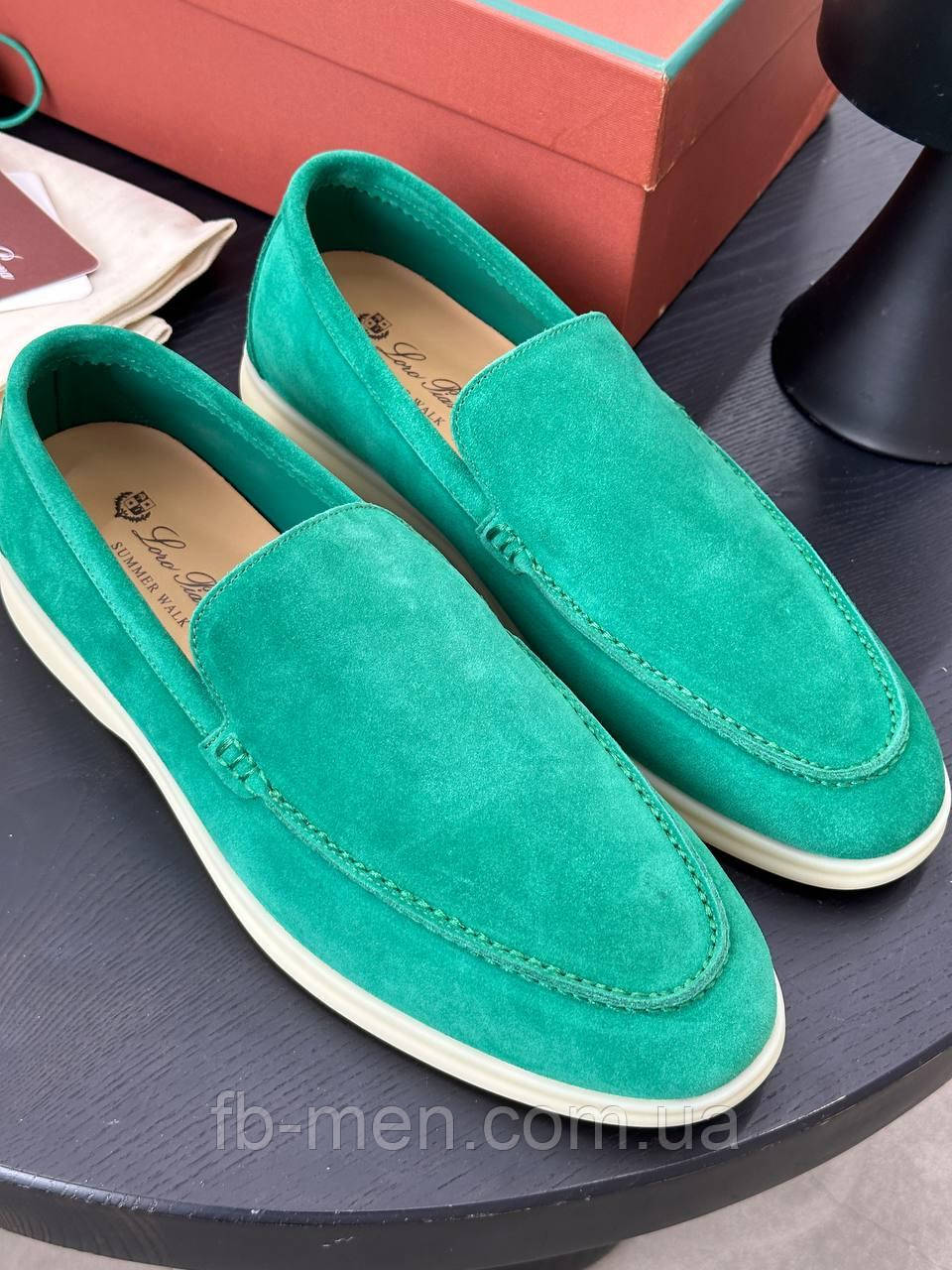 Чоловічі туфлі лофери Loro Piana Summer Walk замшеві мокасини смарагдового кольору
