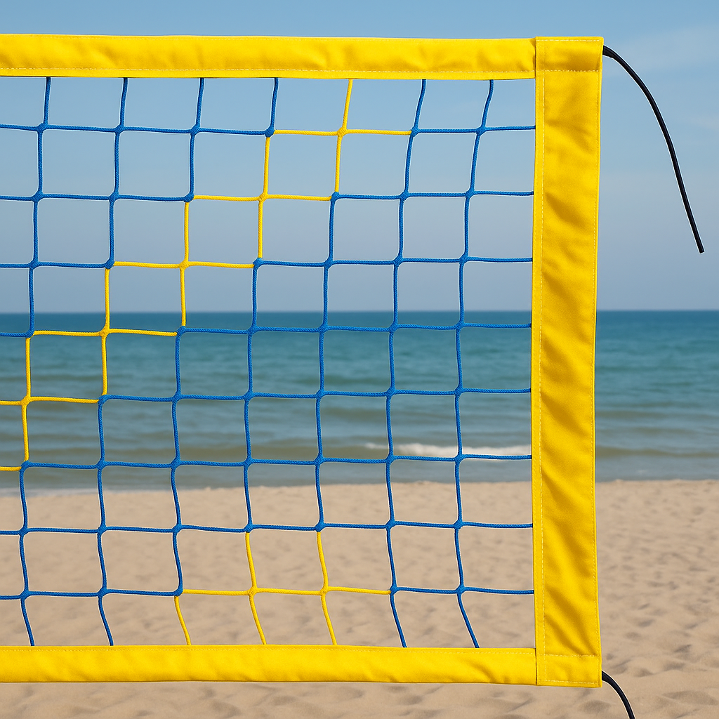 Сітка волейбольна пляжна без-вузлова «Еліт 15 норма» з паракордом, сітка для пляжного волейболу, синьо-жовта, фото 1