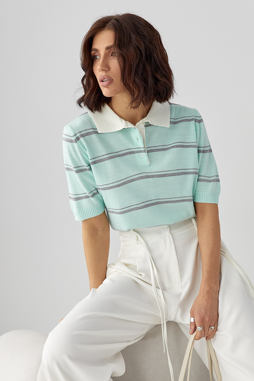 Футболка поло жіноча в'язана в смужку, бірюзовий колір. Модель 12177