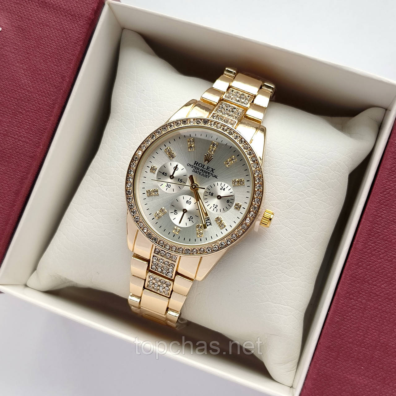 Металевий жіночий наручний годинник Rolex (ролекс) золотистий з срібним, камінчики навколо, дата - код 2533b