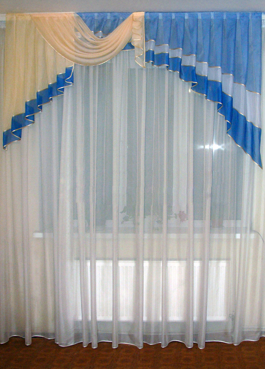 Ламбрекен Асиметрія Шифон карниз 200см синій з блакитним і персиковим (28_2м), фото 1