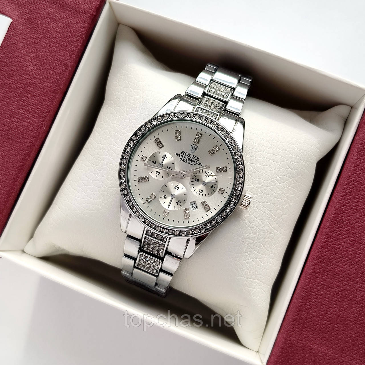 Металевий жіночий наручний годинник Rolex (ролекс) сріблястого кольору, камінчики навколо, дата - код 2534b
