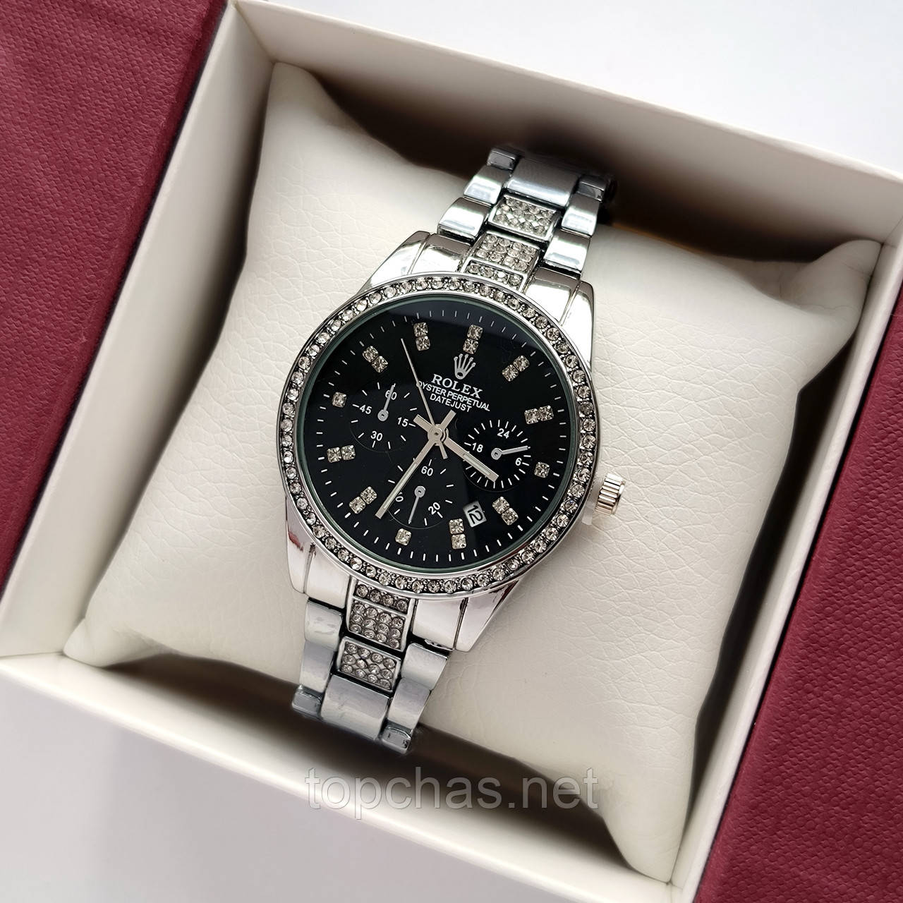 Металевий жіночий наручний годинник Rolex (ролекс) сріблястий з чорним, камінчики навколо, дата - код 2535b