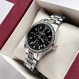 Металевий жіночий наручний годинник Rolex (ролекс) сріблястий з чорним, камінчики навколо, дата - код 2535b, фото 4