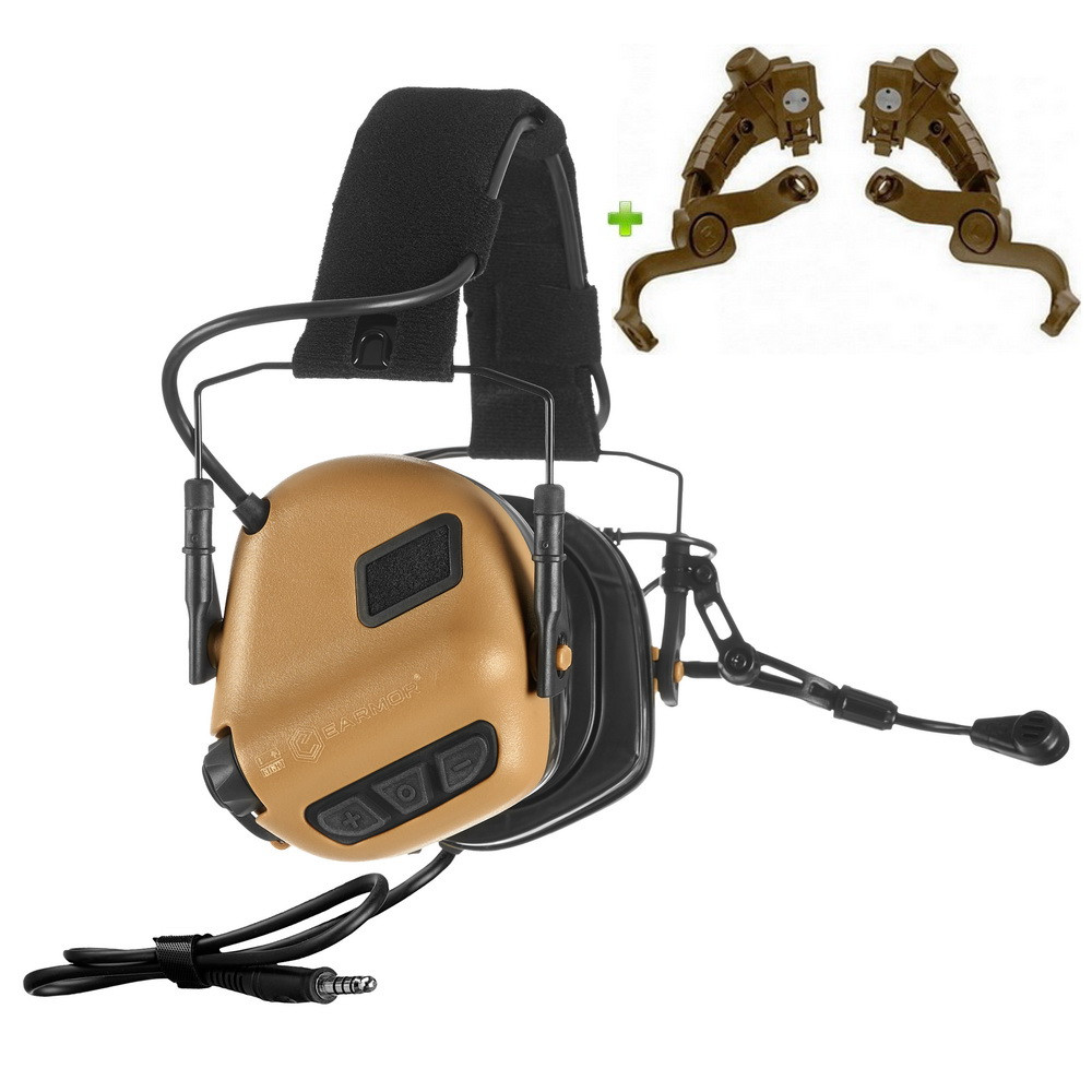 Активні навушники Earmor M32 PLUS Coyote Brown + кріплення Чебурашки на шолом, фото 1