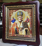 Ікона Святий Микола Чудотворець у темному дерев'яному фігурному кіоті під склом, розмір кіота 32×28, сюжет 20×24, фото 4