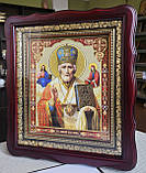 Ікона Святий Микола Чудотворець у темному дерев'яному фігурному кіоті під склом, розмір кіота 32×28, сюжет 20×24, фото 3