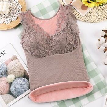 Жіноча термобілизна утеплена майка з делікатним мереживом, що добре зігріває в холодну пору в бежовому кольорі S