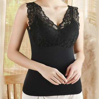 Жіноча термобілизна утеплена майка з делікатним мереживом, що добре зігріває в холодну пору в чорному кольорі S