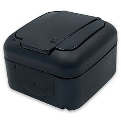 Розетка зовнішня із заземленням і захисними шторками, з кришкою Viko Palmiye Чорна (90555108)