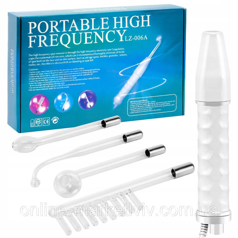 Косметологічний дарсонваль + 4 насадки, від мережі 220В, LZ 006A / Апарат для догляду за шкірою обличчя та тіла, фото 1