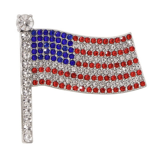 Брошка на сріблястій основі прапор америкі з різнобарвними кристалами розмір виробу 45Х50 мм