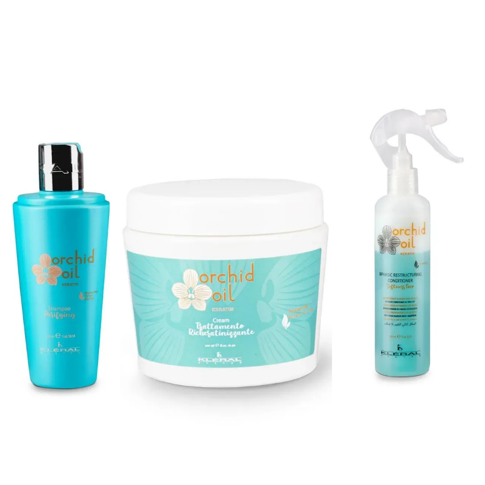 Набір для догляду за волоссям Kleral KS ORCHID OIL KERATIN: Шампунь PURIFYING 300 мл + Маска 500 мл + Спрей 250 мл