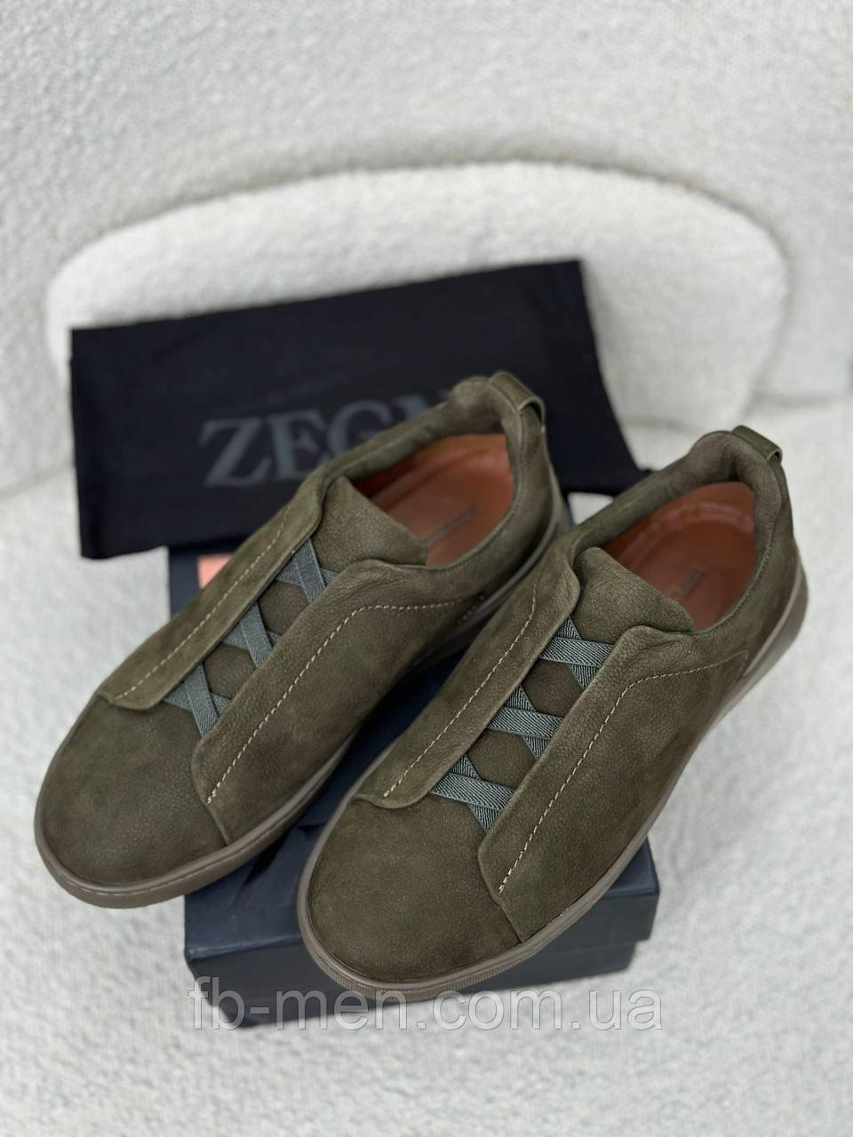 Кросівки чоловічі Zegna Triple Stitch з натуральної шкіри хакі преміум