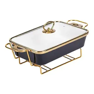 Керамічна прямокутна мармітниця зі скляною кришкою на 1.5 л на металевій підставці 35.5х19х15.5 чорна