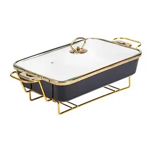 Керамічна прямокутна мармітниця зі скляною кришкою на 2л на металевій підставці 40×22.5×15,5 чорна