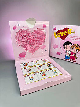 Подарунковий набір для закоханих 9 шт чорний і молочний шоколад Коробка love is романтична