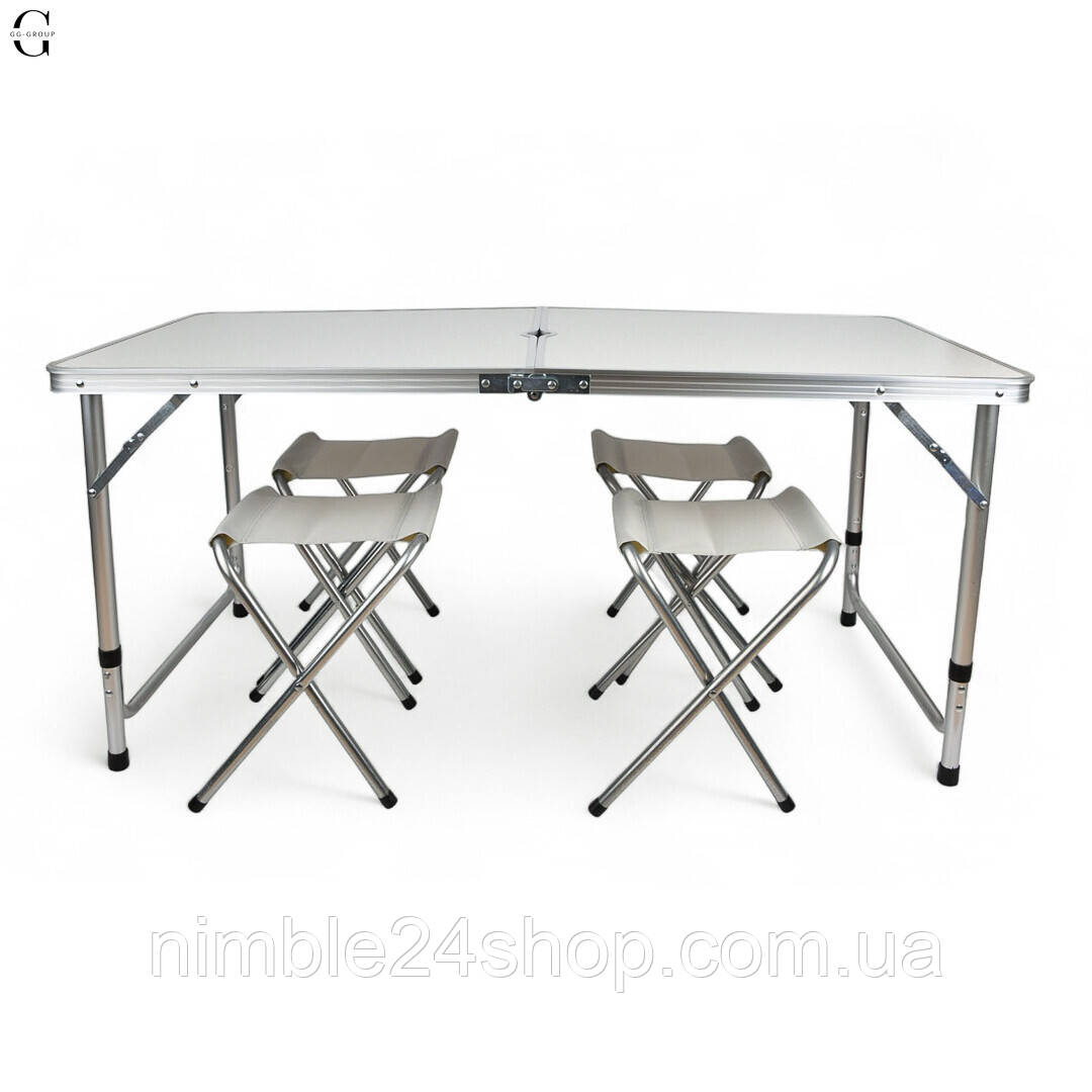 Кемпінговий набір для відпочинку GG-Group: складний стіл та 4 стільці, легкий алюмінієвий каркас, white.