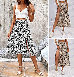 Модна довга мідіспідниця леопардова з розрізом літня легка вільна молодіжна, біла, бежева