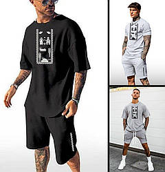 Чоловічий літній костюм футболка та шорти стильний легкий спортивний із принтом, чорний, сірий