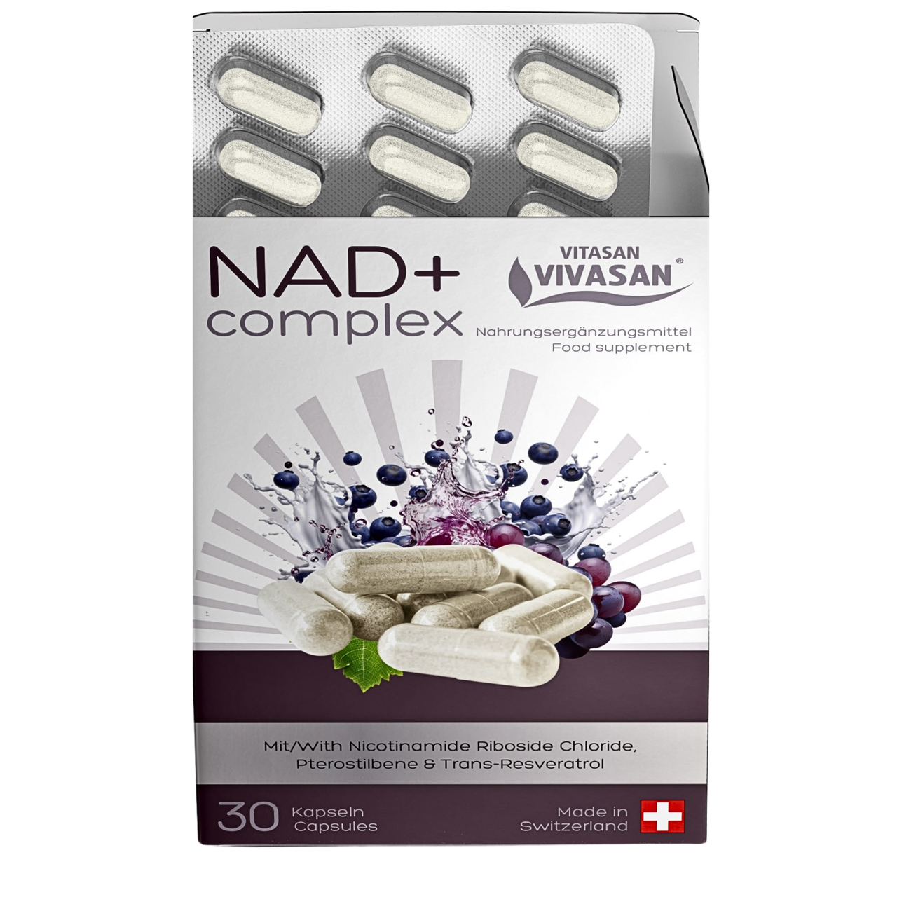 NAD+ Complex для енергії, ясності розуму та уповільнення вікових змін Vivasan, Швейцарія, 30 капсул