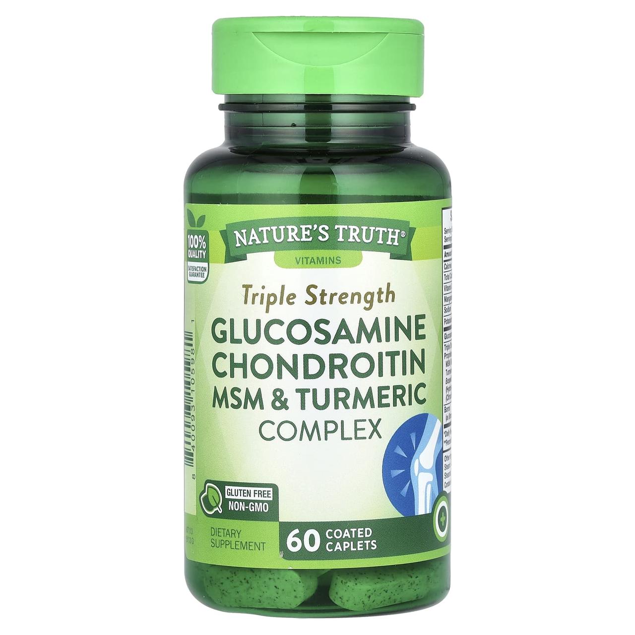 Глюкозамін, хондроїтин та МСМ, Glucosamine Chondroitin MSM, Nature's Truth, комплекс з куркумою, потрійна сила, 60 каплет, фото 1