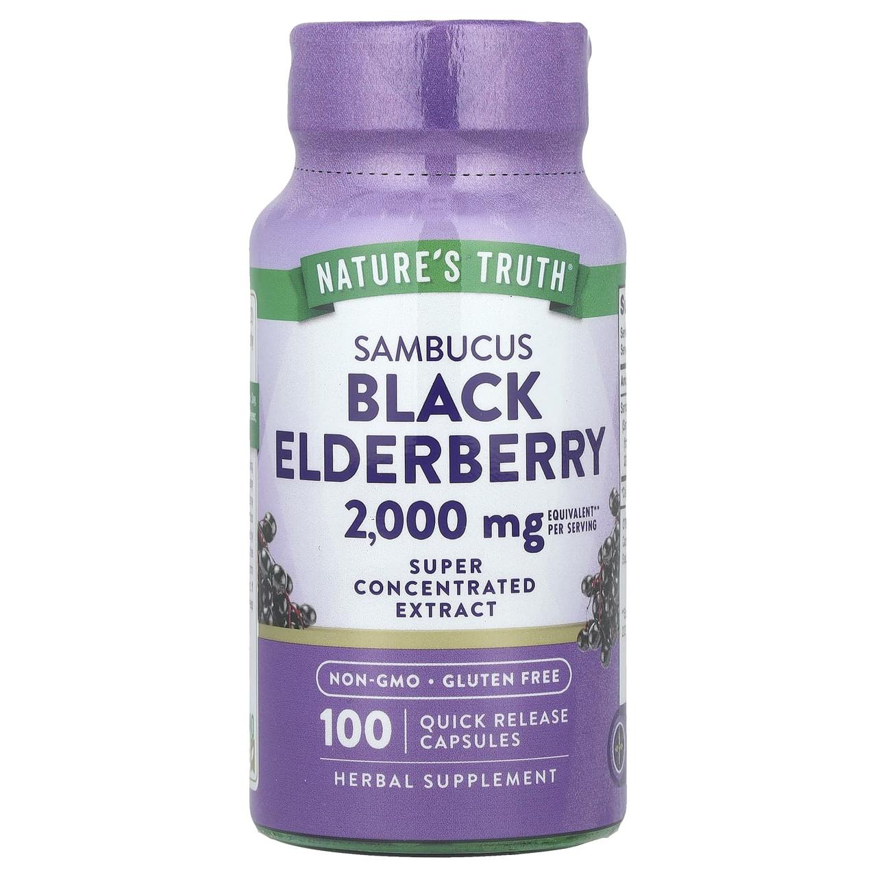 Чорна бузина, Sambucus Black Elderberry, Nature's Truth, 2000 мг, 100 капсул швидкого вивільнення (1000 мг на капсулу), фото 1