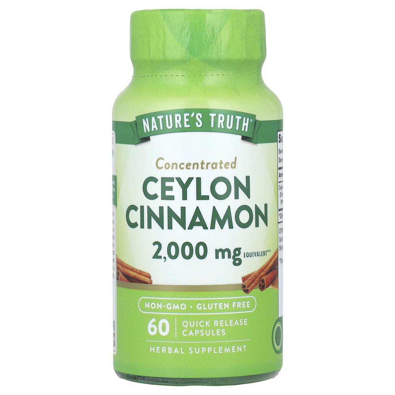 Кориця цейлонська, Concentrated Ceylon Cinnamon, Nature's Truth, концентрована, 2000 мг, 60 капсул швидкого вивільнення, фото 1