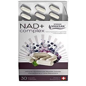 NAD+ Complex для енергії, ясності розуму та уповільнення вікових змін Vivasan, Швейцарія, 30 капсул