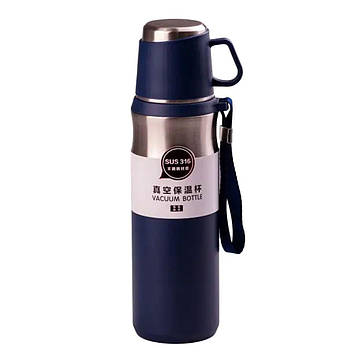 Термос з чашкою та ремінцем 600 мл з металевою колбою Синій HPGM80155BL