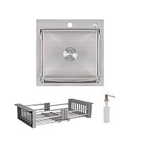 Комплект Lidz Handmade H5050 Мийка для кухні інтегрована Brushed у комплекті з дозатором + Lidz K01G Кошик для кухонної